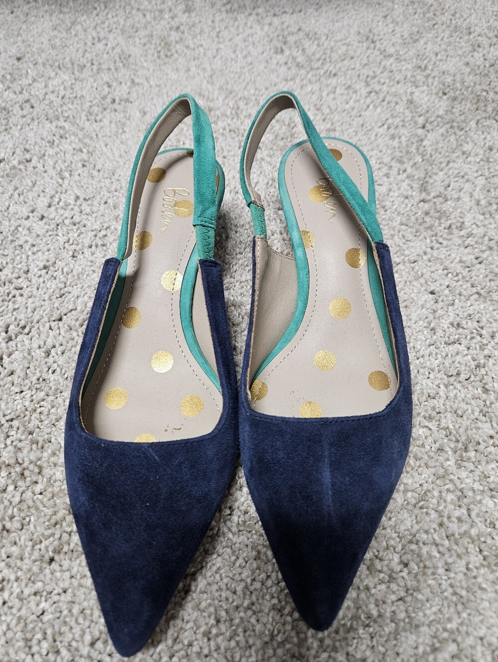 Boden Navy Suede Pointed Toe Slingback Flats with Teal Trim